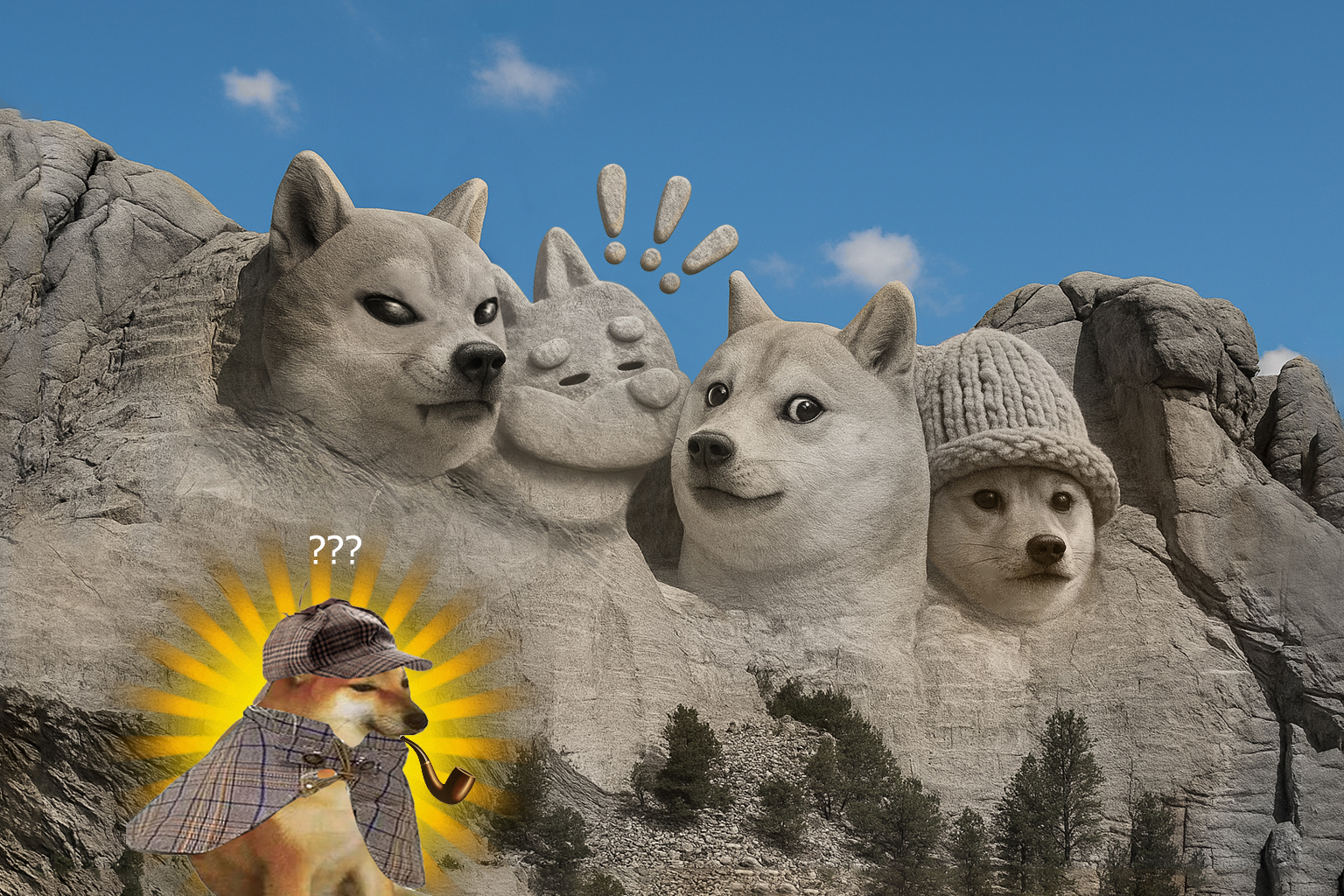 A Mount Rushmore of dogs with a confused pipedog in front